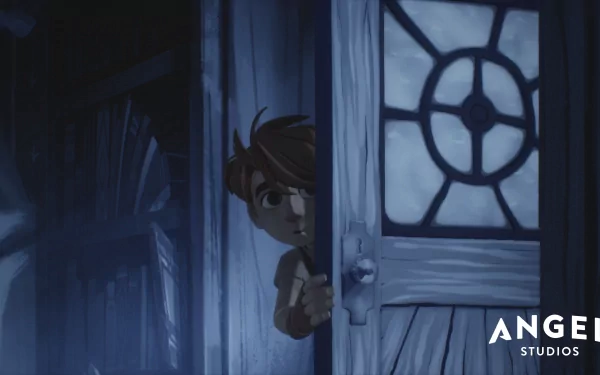 A scene from The Wingfeather Saga, featuring a young character peeking through an ornate door, set in a mysterious, atmospheric setting. HD desktop wallpaper from the series.