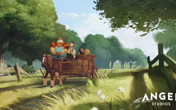 Vibrant HD wallpaper from *The Wingfeather Saga*, featuring characters traveling in a wagon through a lush, green landscape, capturing the adventure's spirit and charm.