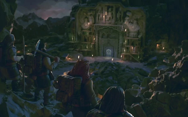 HD wallpaper featuring warriors gazing at the iconic entrance to Moria from The Lord of the Rings: Return to Moria, set against a dramatic mountainous landscape.
