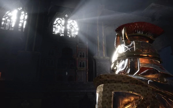 HD wallpaper featuring a scene from The Lord of the Rings: Return to Moria with sunlight streaming through windows onto a dwarven statue.