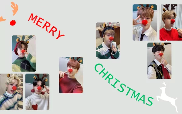 HD PC desktop wallpaper featuring members of Stray Kids with reindeer antlers and red noses, arranged around the festive text Merry Christmas.