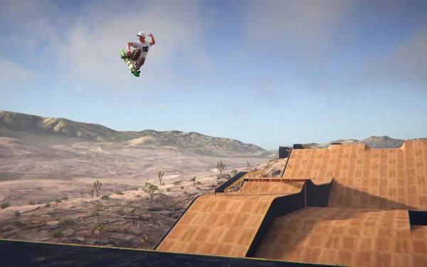 High-definition Skater XL wallpaper featuring a digital skateboarder performing a mid-air trick above a wooden ramp, with a scenic desert landscape in the background.