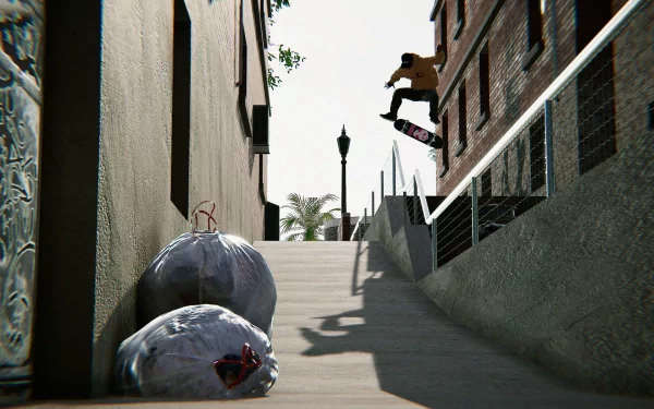 HD wallpaper featuring a Skater XL gameplay scene with a skater performing a trick on a sunny urban alleyway.