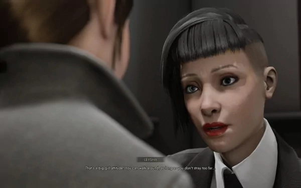 HD wallpaper of a Vampire: The Masquerade - Swansong game scene featuring a close-up of a female character engaged in conversation.