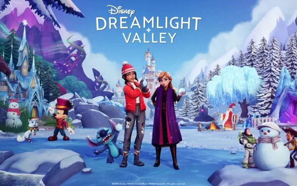 HD Disney Dreamlight Valley wallpaper featuring characters in a snowy landscape for desktop background.