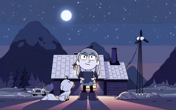 A whimsical HD background featuring Hilda standing proudly with her dog under a moonlit sky, set against a cozy cabin and majestic mountains.