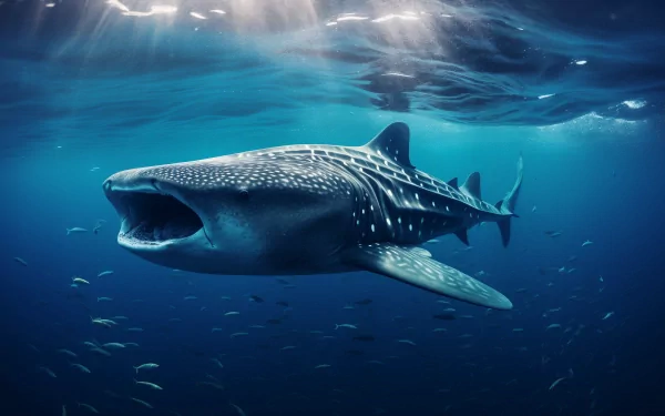 A stunning HD wallpaper featuring a majestic whale shark gliding gracefully through clear blue waters, surrounded by shimmering sunlight and small fish.