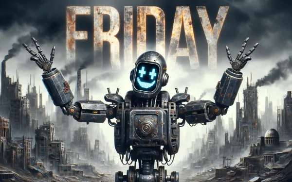 Futuristic robot with illuminated face and multiple arms set against a dystopian cityscape with the word 'FRIDAY' overhead – HD desktop wallpaper and background with a Friday theme.