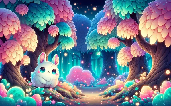 A cute aesthetic HD desktop wallpaper featuring a whimsical forest with vibrant, colorful trees and a charming bunny surrounded by sparkling elements.