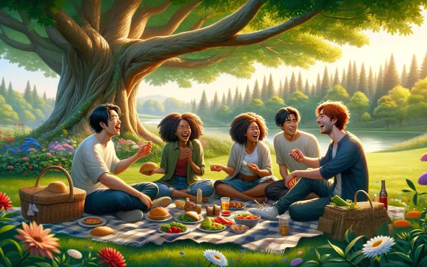 HD Wallpaper of Friends Enjoying Picnic Under a Tree with Lush Green Scenery