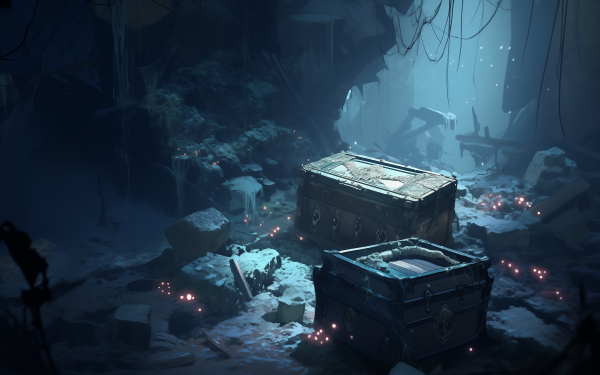 HD wallpaper of mysterious treasure chests amidst ancient ruins, perfect for a desktop background with an adventurous theme.