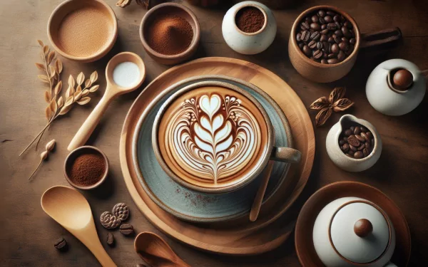 HD desktop wallpaper featuring an artistically crafted latte with a heart design, surrounded by coffee beans, spices, and rustic utensils on a wooden table.