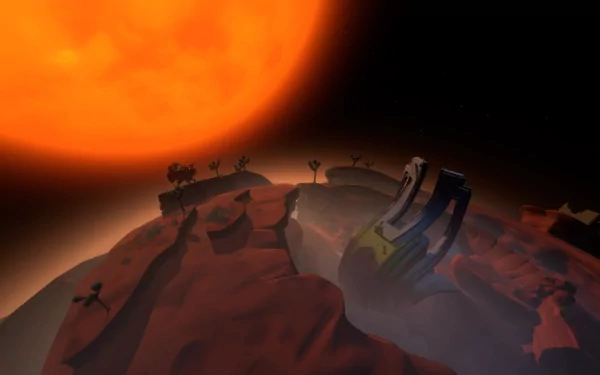 Outer Wilds video game scenery with alien landscape and giant sun for HD desktop wallpaper and background.