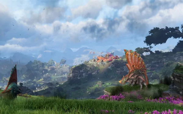 HD wallpaper of Avatar: Frontiers of Pandora video game featuring lush landscapes and exotic wildlife.