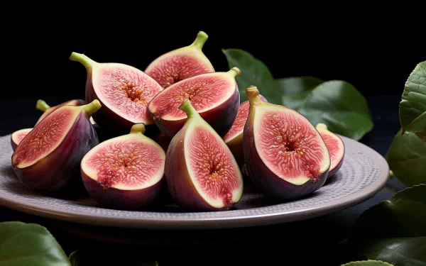 A beautifully arranged plate of fresh figs, showcasing their rich, pink insides, surrounded by green leaves, creating a vibrant and appetizing food-themed HD desktop wallpaper.