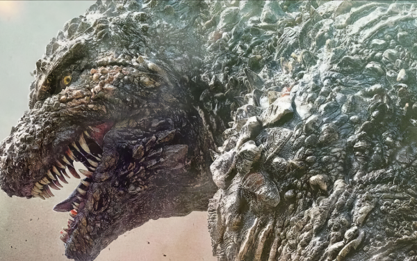 HD desktop wallpaper of Godzilla, the iconic movie monster, with a fierce expression, suitable for Godzilla Minus One theme backgrounds.