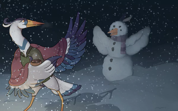 HD wallpaper featuring an animated heron interacting with a snowman under a snowy night sky, tagged as 'The Boy and the Heron'.