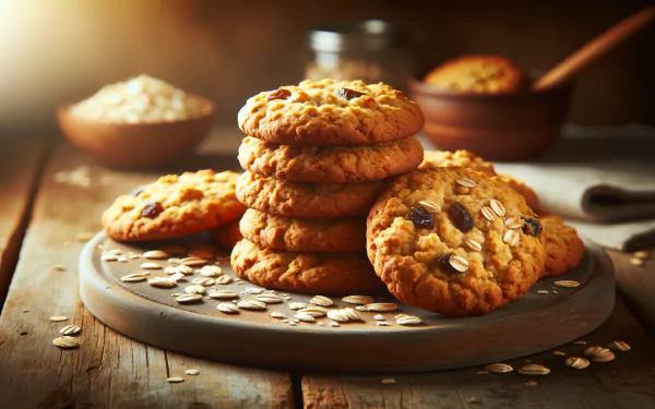 A stack of delicious oatmeal raisin cookies sits on a wooden plate, surrounded by oats and softly lit, creating a warm, inviting desktop wallpaper.
