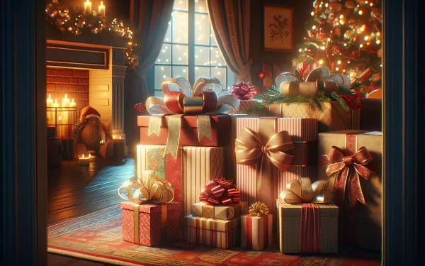 HD wallpaper of a cozy Christmas scene with a pile of beautifully wrapped presents by a festively decorated tree and fireplace, creating a warm holiday background.