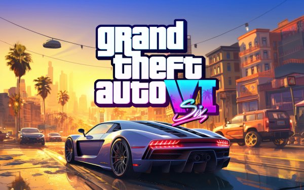 HD desktop wallpaper featuring Grand Theft Auto VI with a sleek sports car on a vibrant city street.