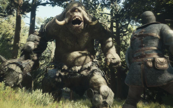 HD desktop wallpaper featuring a menacing troll from the video game Dragon's Dogma 2, with a warrior character engaged in battle amidst a lush forest setting.