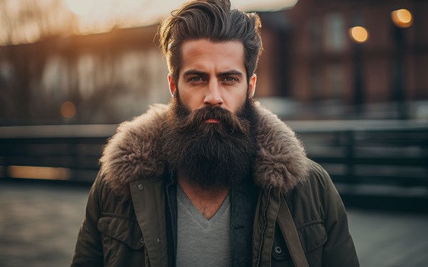 Bearded man in stylish winter attire posing for a high-definition desktop wallpaper.