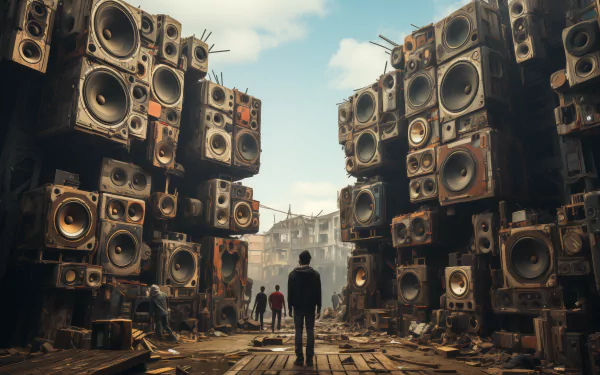 Sci-fi music scene HD wallpaper with towering speakers and figures in a dystopian setting.