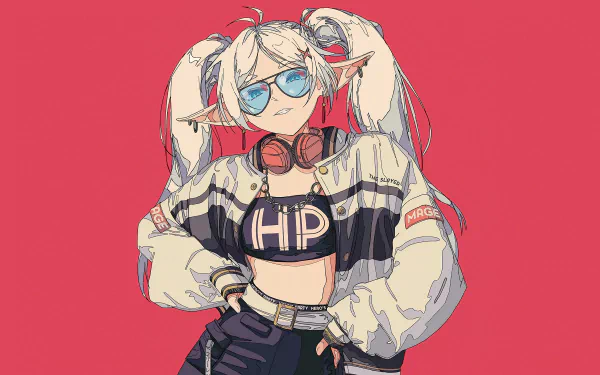 Anime-style illustration of a confident character with blonde twin-tails, sunglasses, and headphones, featured as a 4K Ultra HD PC desktop wallpaper for Frieren: Beyond Journey's End.