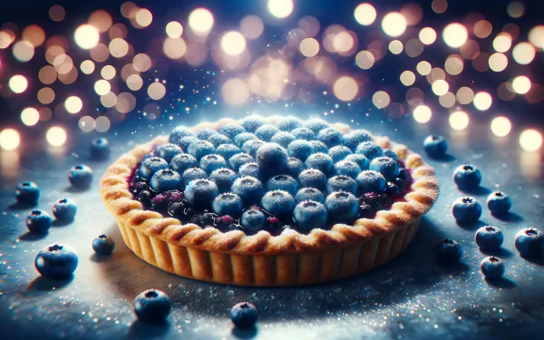 HD wallpaper of a freshly baked blueberry pie with sparkling bokeh lights in the background.