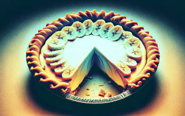 A visually striking HD wallpaper featuring a banana cream pie, beautifully garnished with sliced bananas and a golden crust, showcasing a slice removed for a tempting presentation.