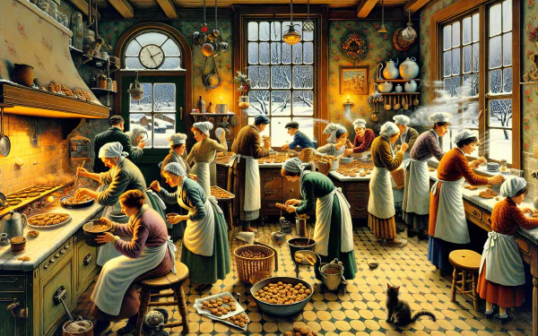 HD desktop wallpaper showing a bustling vintage kitchen scene with multiple people engaged in cookie baking.