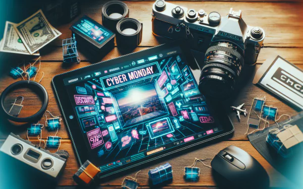 High-definition desktop wallpaper featuring a Cyber Monday theme with vibrant graphics on a tablet surrounded by photography equipment and electronics on a wooden surface.