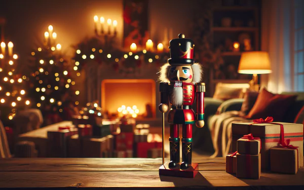 HD desktop wallpaper featuring a traditional nutcracker figurine with a festive Christmas background, complete with twinkling tree lights and wrapped gifts.