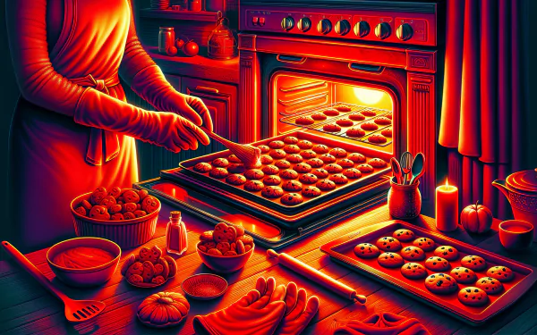 HD desktop wallpaper of a vibrant cookie baking scene with fresh cookies being placed into an oven.