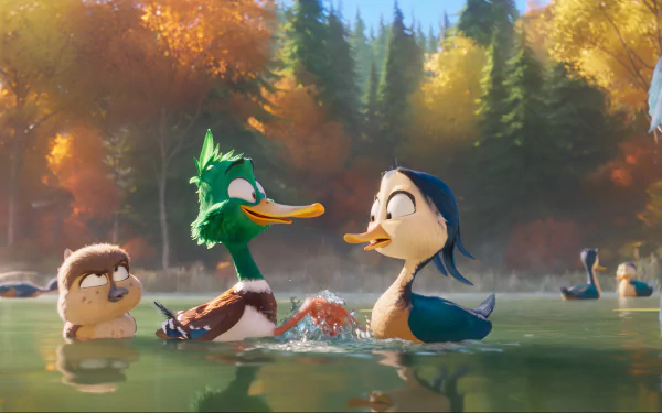 A vibrant scene from the movie *Migration* (2023), featuring a green duck, a blue duck, and a small animal playfully interacting in a serene lake surrounded by autumn foliage.