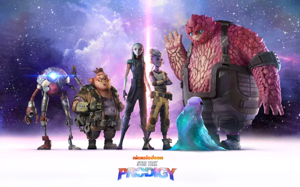 HD wallpaper of Star Trek: Prodigy characters for desktop background, featuring vibrant cosmic scenery.