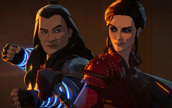 Dynamic HD wallpaper featuring characters from the TV show What If..., showcasing their fierce expressions and ready stances in a vibrant animated style.