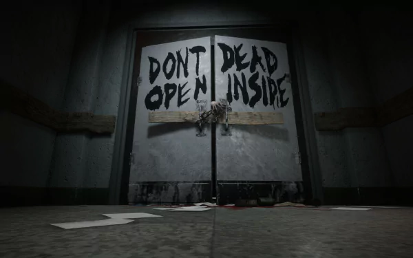 HD wallpaper featuring a chilling scene from The Walking Dead: Destinies game with the iconic Don't Open, Dead Inside door.