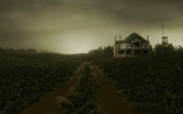 A haunting landscape from the video game The Walking Dead: Destinies, featuring a solitary house amidst a dark, overcast sky and a winding dirt path through overgrown fields.