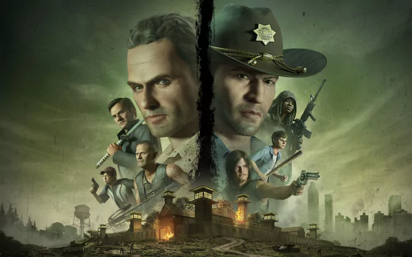 HD desktop wallpaper from The Walking Dead: Destinies, featuring iconic characters and a post-apocalyptic landscape, highlighting intense action and drama in a haunting setting.