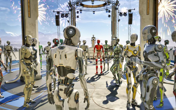 HD wallpaper featuring robots from The Talos Principle 2 video game with celebratory fireworks in the background.