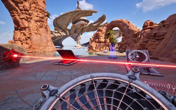 HD wallpaper featuring a scene from The Talos Principle 2 video game with intricate puzzles and stunning rock formations under a clear blue sky.