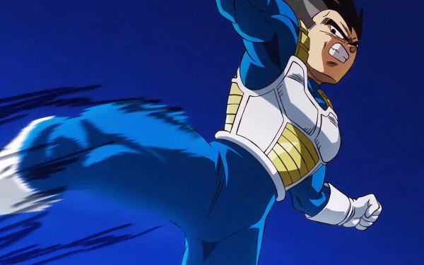 Dynamic HD wallpaper of Vegeta from Dragon Ball DAIMA, showcasing his powerful attack with a vibrant blue background, capturing the essence of anime action.