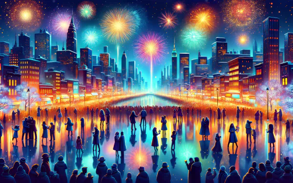 A vibrant New Year's Eve scene featuring a city skyline illuminated by colorful fireworks, with silhouetted crowds reflecting on a shimmering surface. HD desktop wallpaper background.