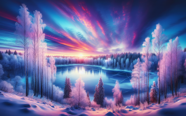 HD winter landscape desktop wallpaper featuring a stunning sunrise over a frosty forest and a serene lake with a vibrant sky.