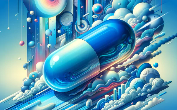 HD desktop wallpaper featuring an abstract design with a large blue pill and futuristic elements in a dynamic composition.
