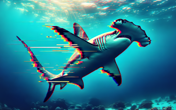 HD wallpaper of a hammerhead shark with a glitch effect swimming underwater, perfect for desktop background.