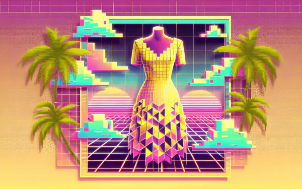 HD Wallpaper of a vibrant yellow dress mannequin with retro synthwave aesthetic and palm trees for desktop background.