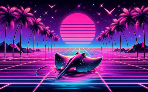 HD wallpaper with a vibrant retro-futuristic theme featuring a stylized stingray against a neon grid landscape, palm trees, and a large pink sunset.