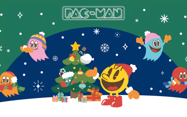 HD desktop wallpaper featuring festive Pac-Man characters celebrating with a decorated Christmas tree and gifts, perfect for a holiday-themed background.
